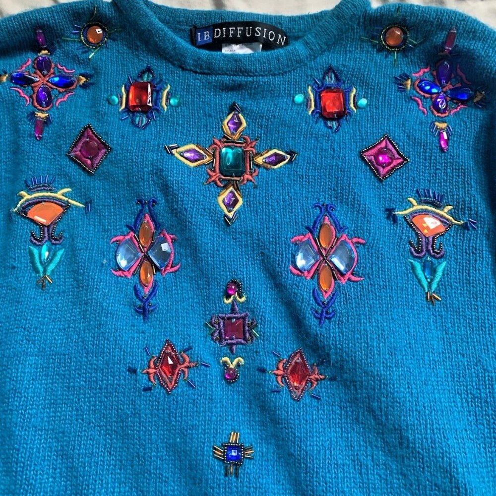 I.B. Diffusion VTG 90s Beaded Silk Blend Angora Sweater Women's Size M Blue